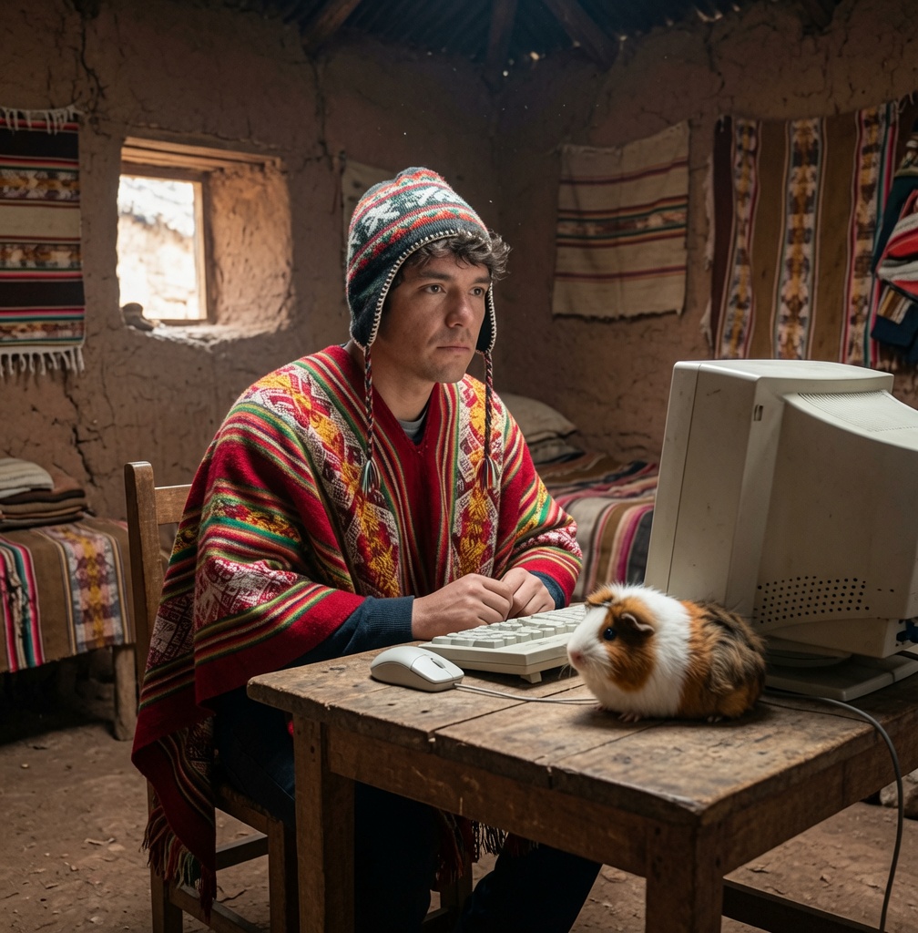 Cristian Moreno in traditional Peruvian poncho and chullo hat, sitting in a humble mud shack with an old computer and a guinea pig as the mouse